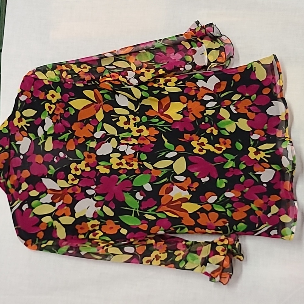 1990s 100% Silk Floral Sheer Lined Ruffled Collar 3/4 Sleeves Sz L - Picture 2 of 9
